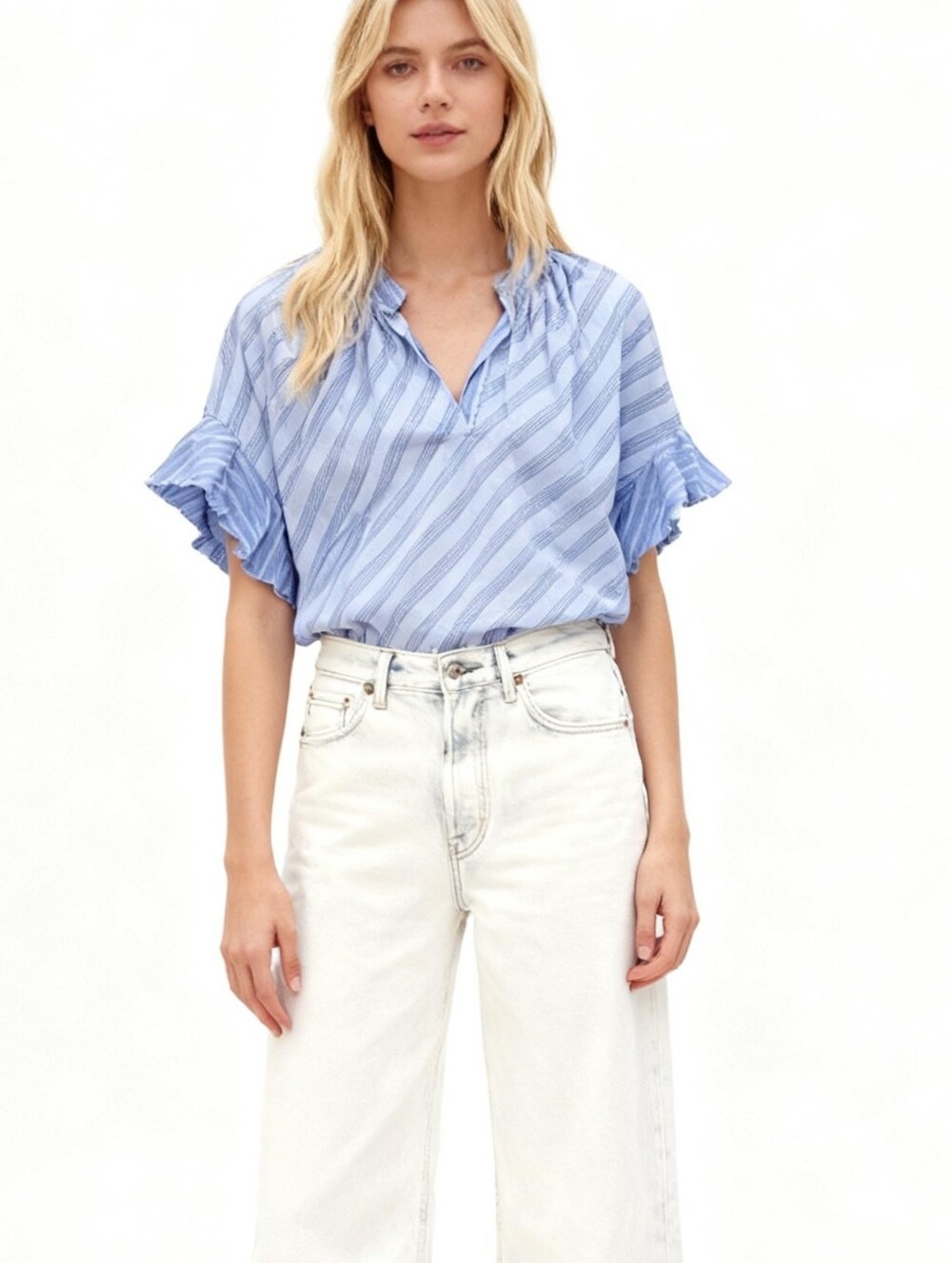 AQC clothing Striped Ruffle-Sleeve Oversized Blue Top Size 2